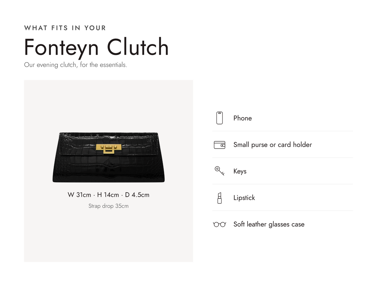 Lalage Beaumont Fonteyn Clutch handbag in black croc print leather, what fits and measurements