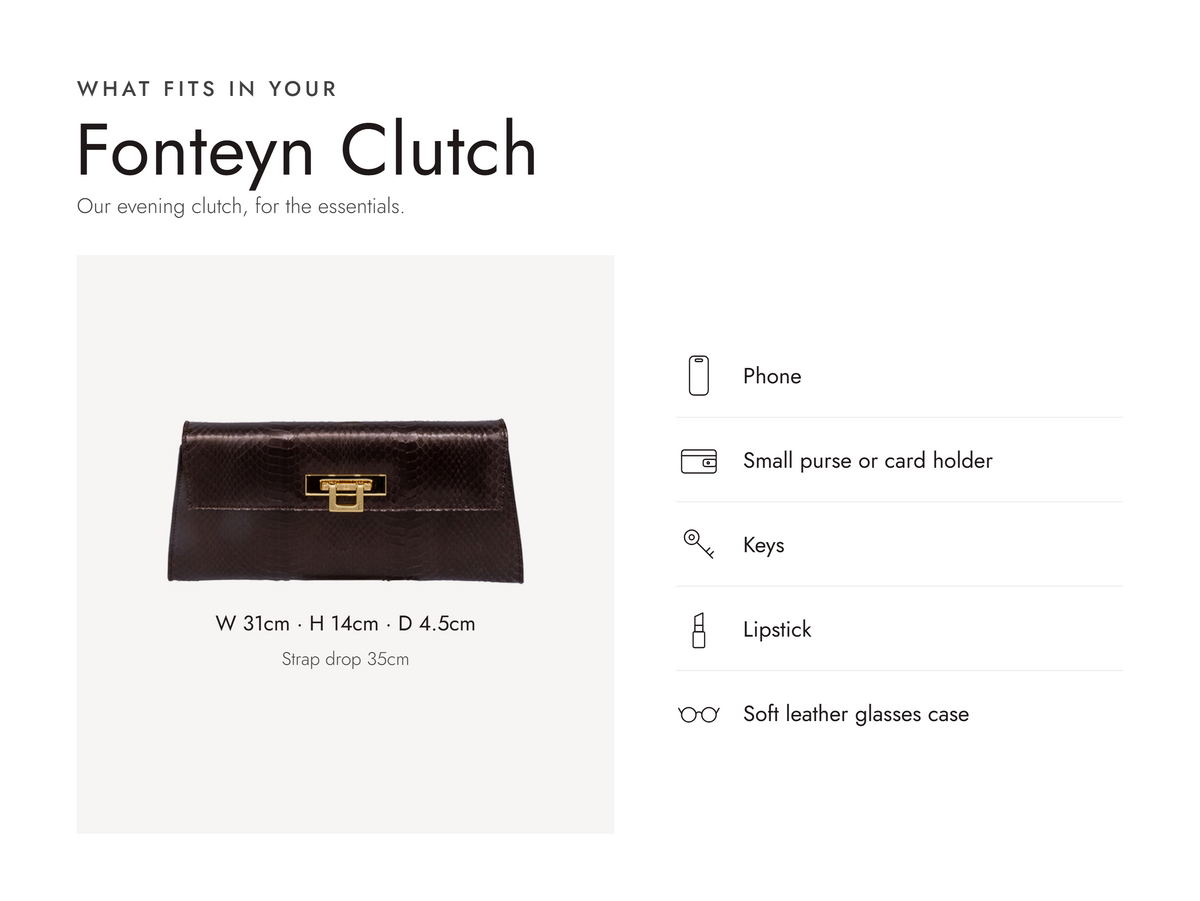 Lalage Beaumont Fonteyn Clutch handbag in metallic brown snakeskin, what fits and measurements