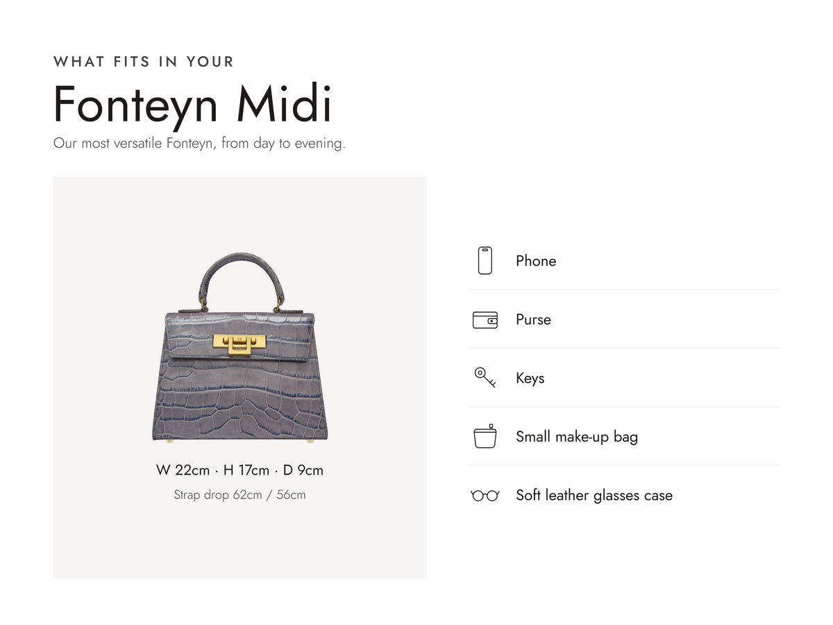 Lalage Beaumont Fonteyn Midi handbag in light grey croc print leather, what fits and measurements