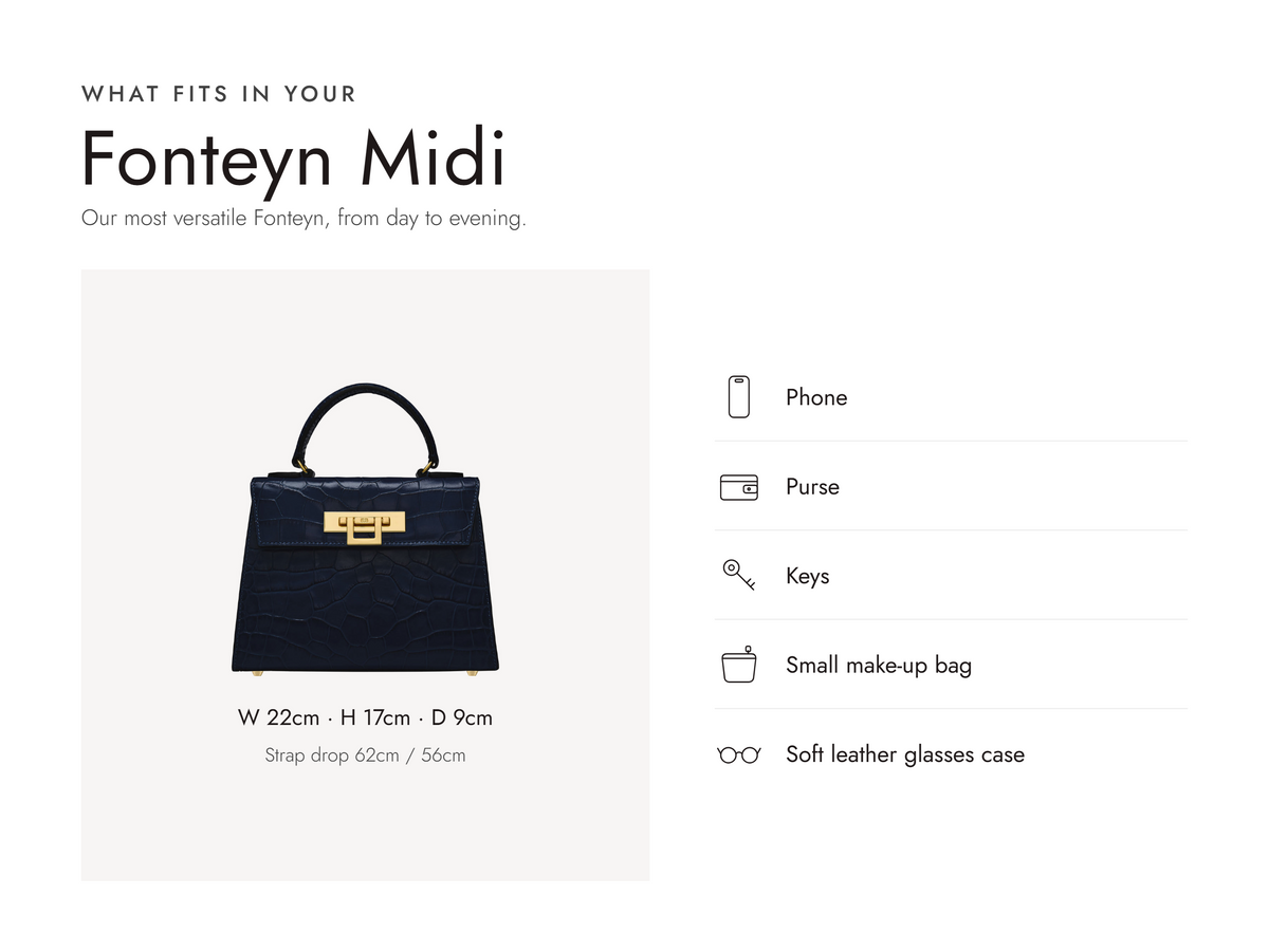Lalage Beaumont Fonteyn Midi handbag in navy croc print leather, what fits and measurements