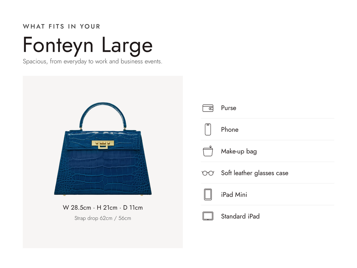 Lalage Beaumont Fonteyn Large handbag in cobalt croc print leather, what fits and measurements