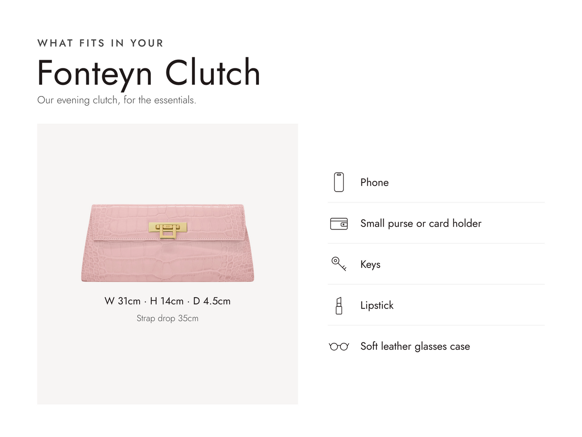 Lalage Beaumont Fonteyn Clutch handbag in rose croc print leather, what fits and measurements