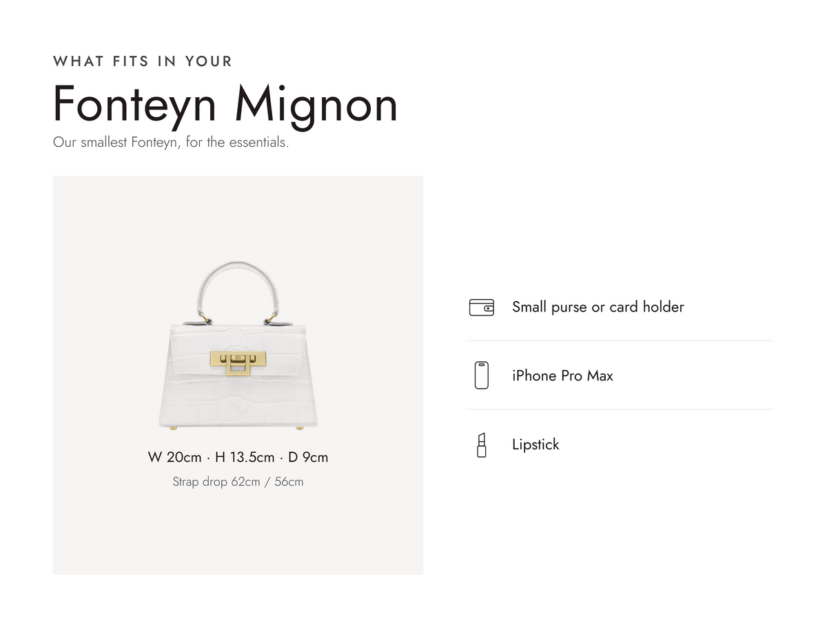 Lalage Beaumont Fonteyn Mignon handbag in white croc print leather, what fits and measurements