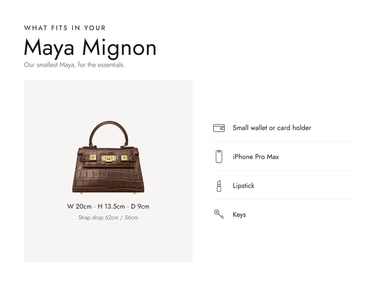 Lalage Beaumont Maya Mignon handbag in taupe croc print leather, what fits and measurements