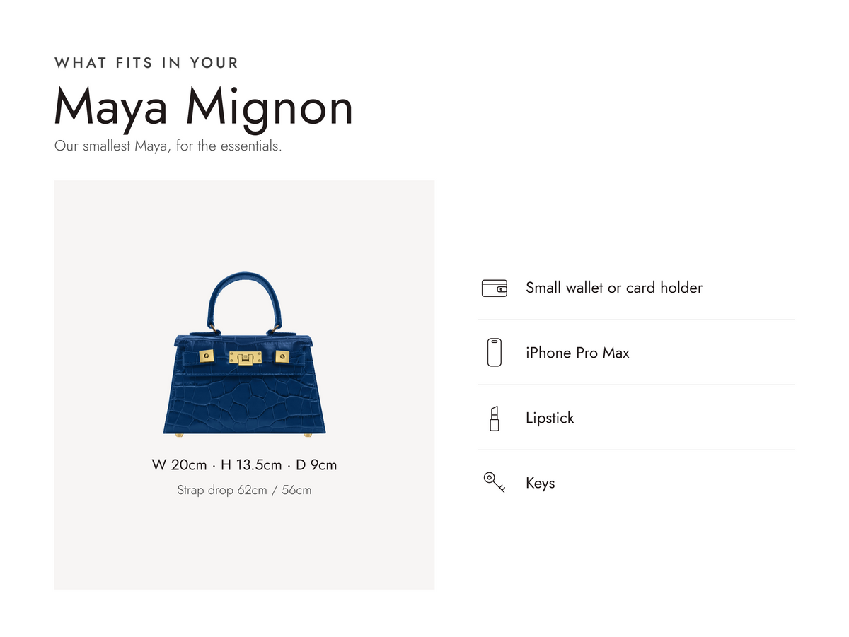 Lalage Beaumont Maya Mignon handbag in cobalt croc print leather, what fits and measurements