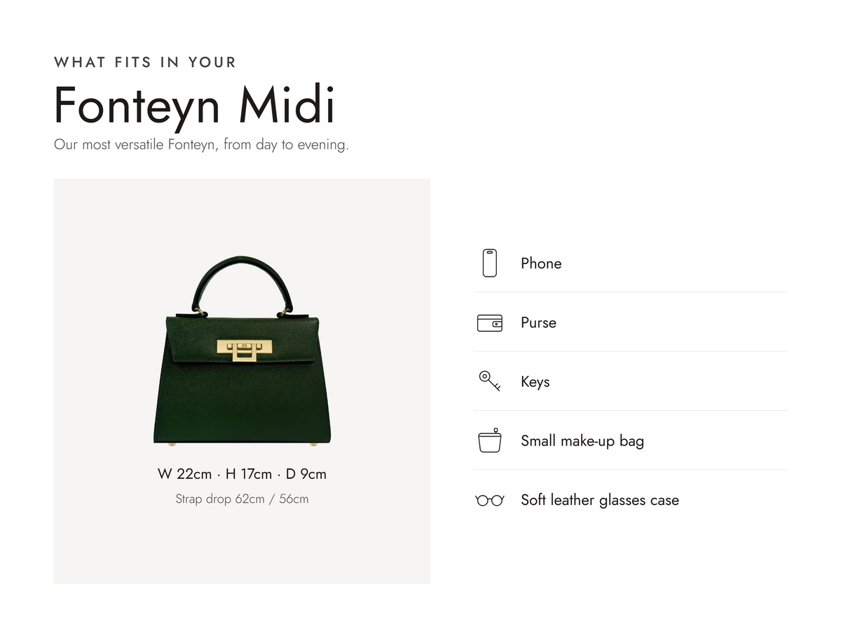 Lalage Beaumont Fonteyn Midi handbag in dark green pebble print leather, what fits and measurements