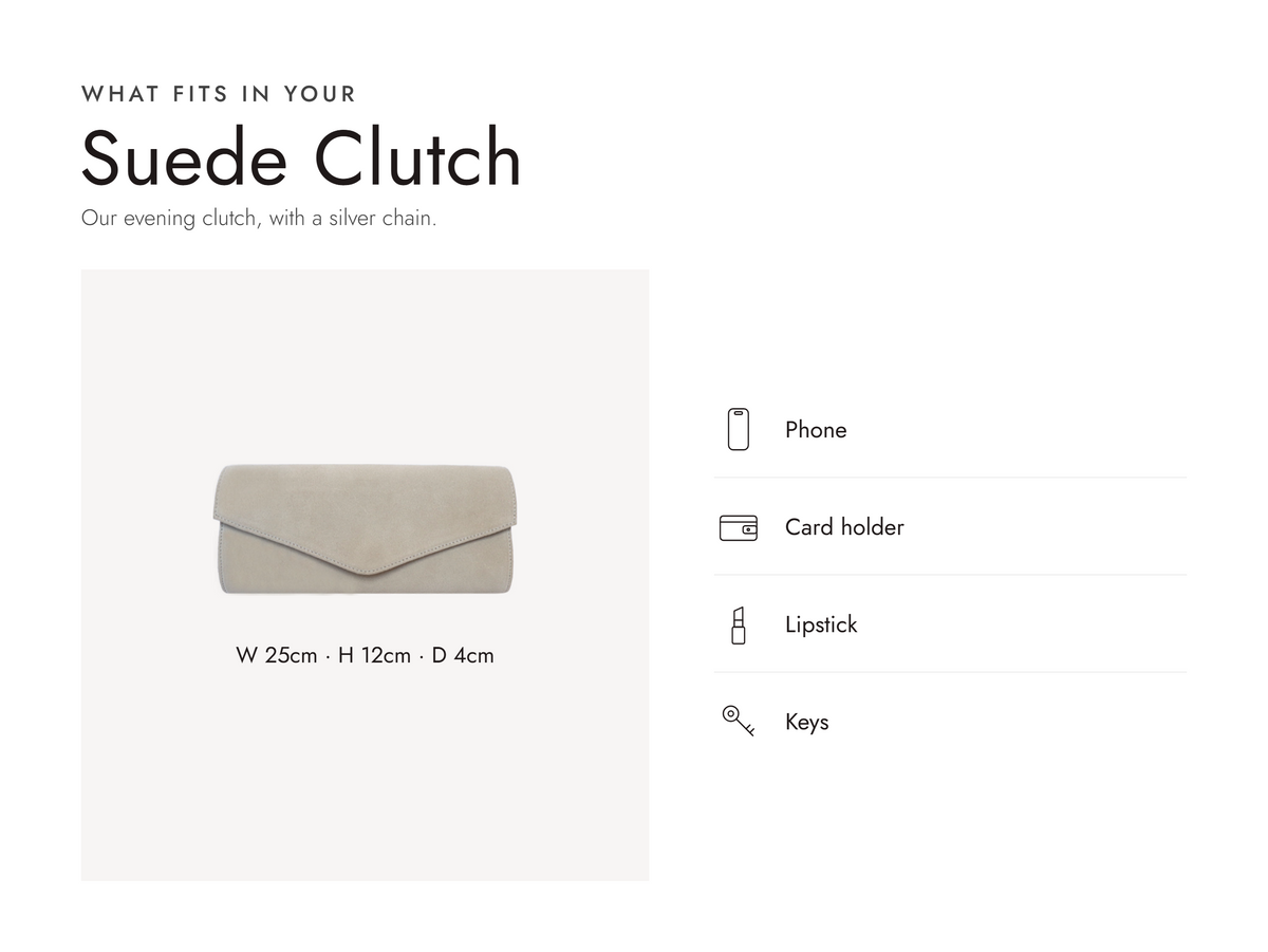 Lalage Beaumont suede clutch bag in cream, what fits and measurements