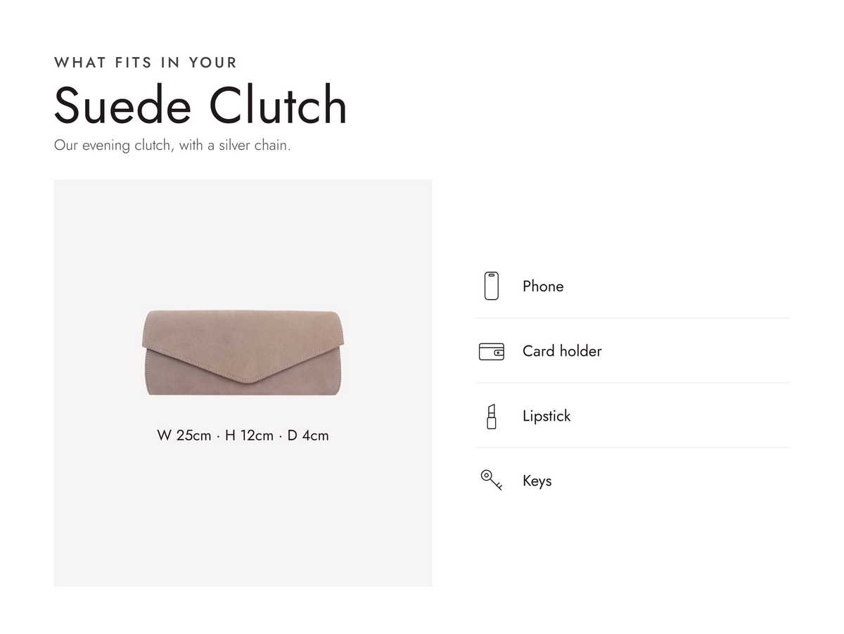 Lalage Beaumont suede clutch bag in beige, what fits and measurements