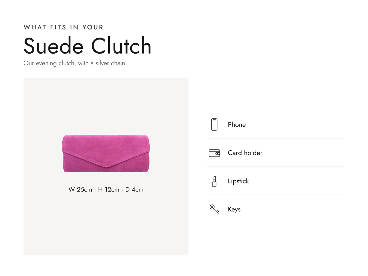 Lalage Beaumont suede clutch bag in fuchsia, what fits and measurements
