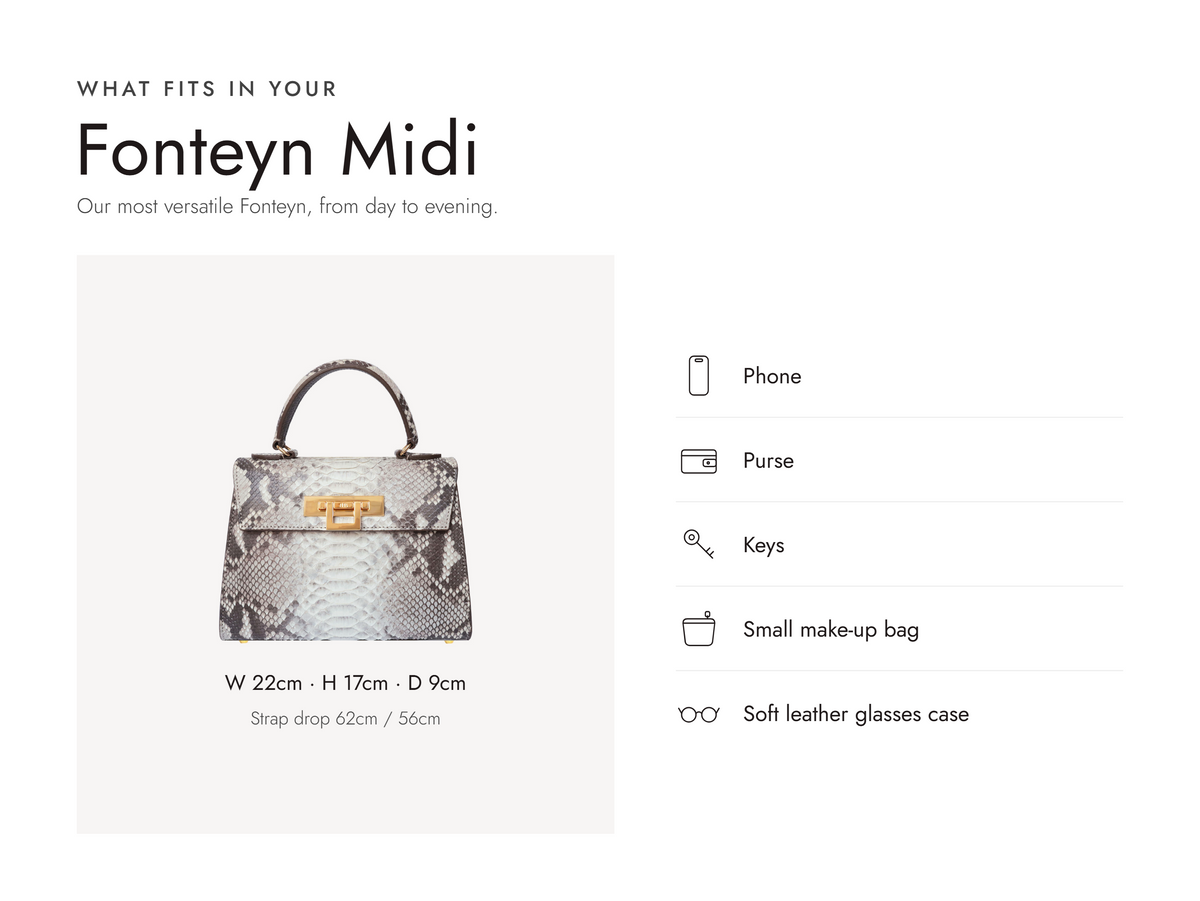 Lalage Beaumont Fonteyn Midi handbag in natural pythonskin, what fits and measurements