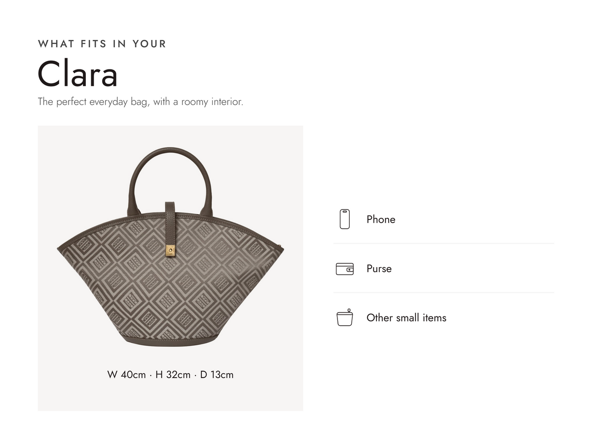 Lalage Beaumont Clara bag in beige and taupe logo jacquard print, what fits and measurements