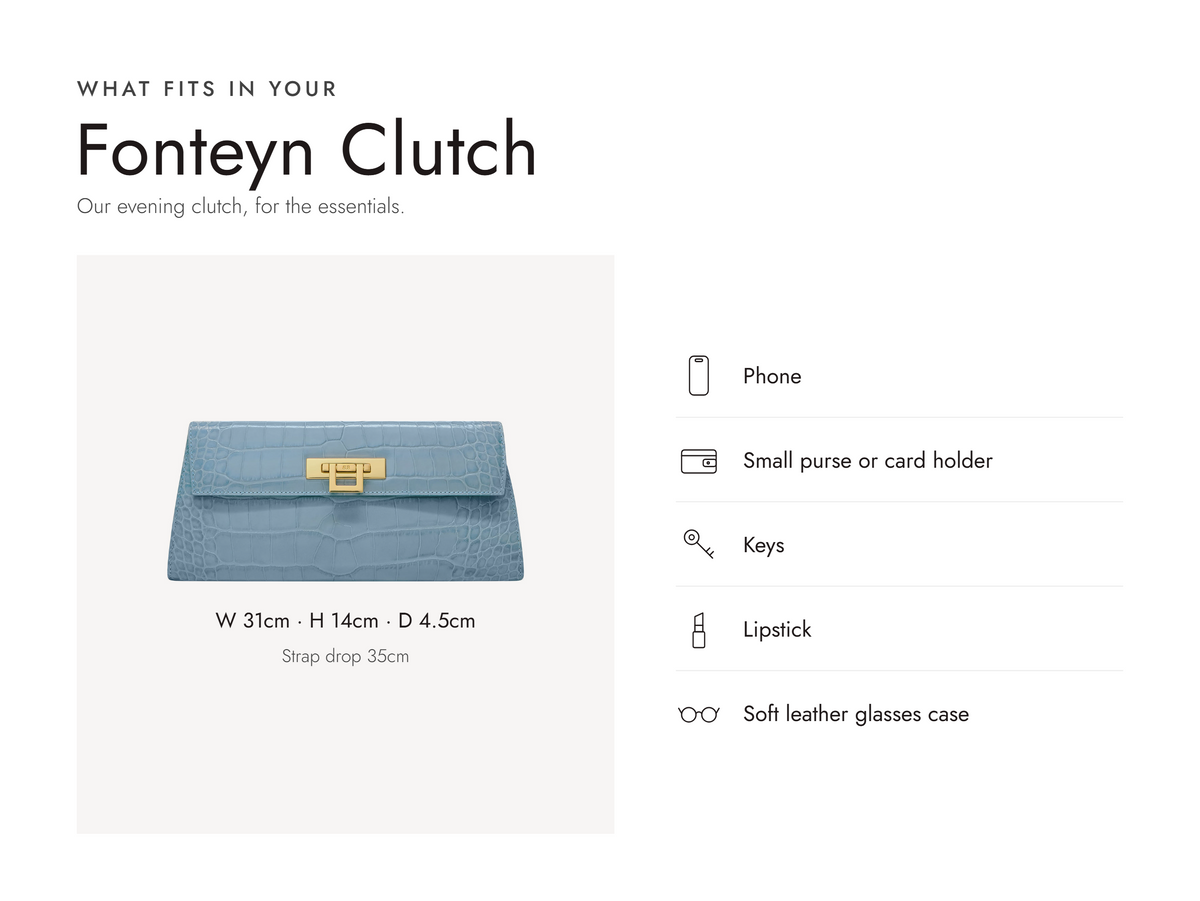Lalage Beaumont Fonteyn Clutch handbag in bluebell and gold croc print leather, what fits and measurements