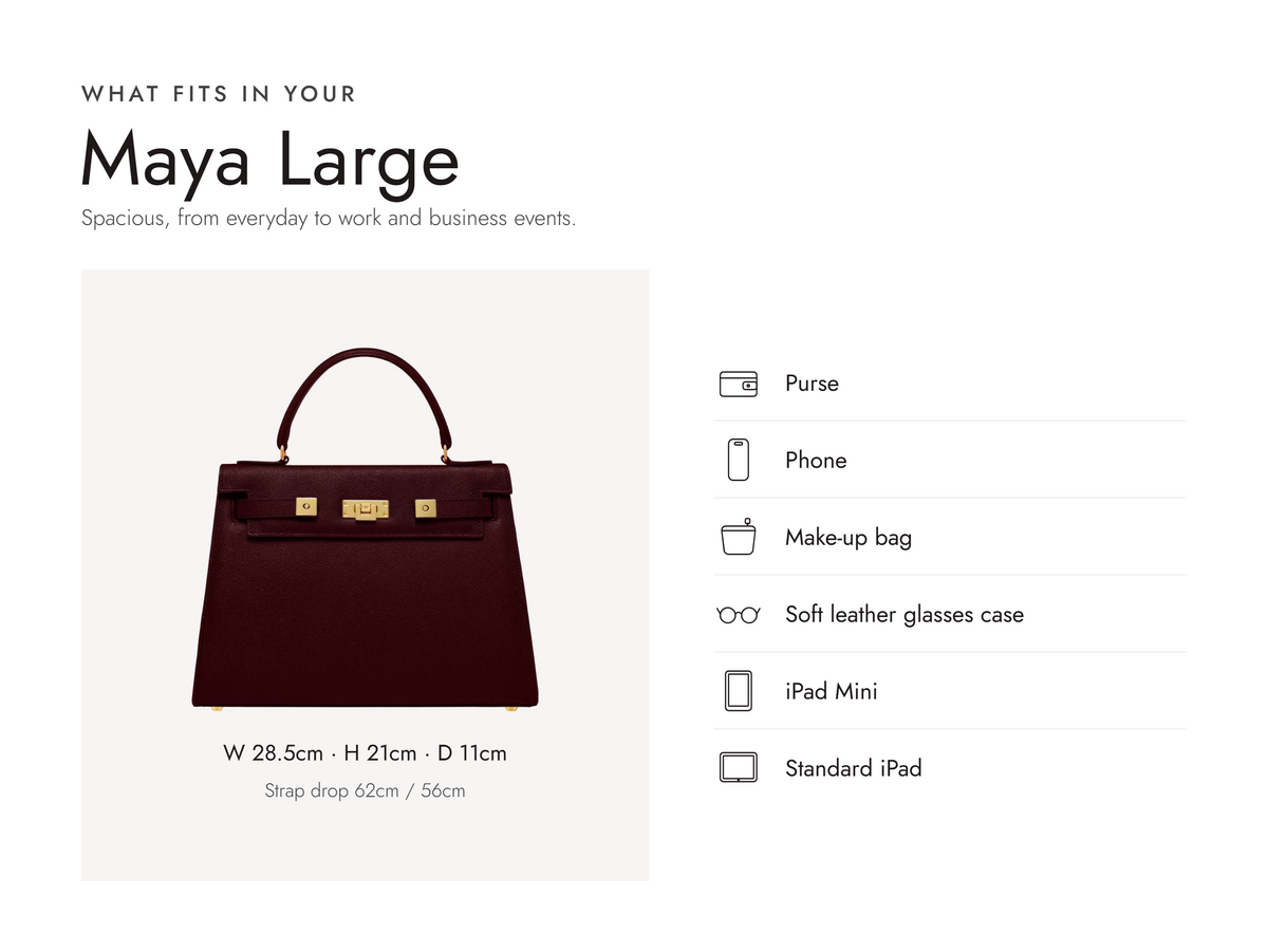 Lalage Beaumont Maya Large handbag in wine pebble print leather, what fits and measurements