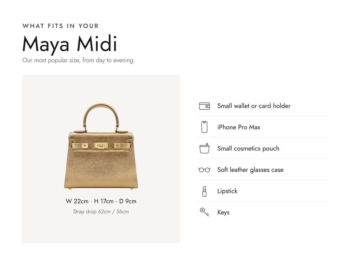Lalage Beaumont Maya Midi handbag in gold sparkle leather, what fits and measurements