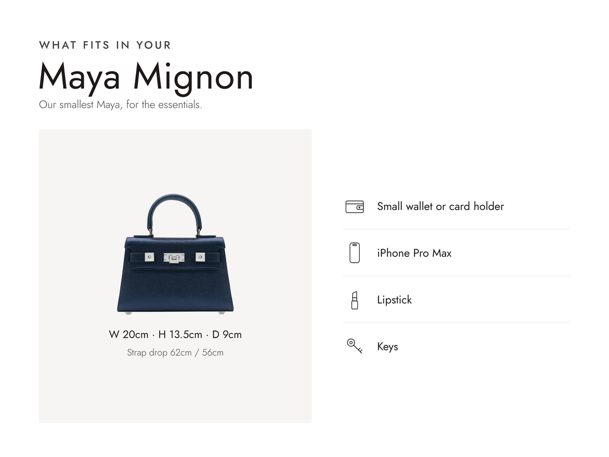 Lalage Beaumont Maya Mignon handbag in midnight sparkle and silver leather, what fits and measurements