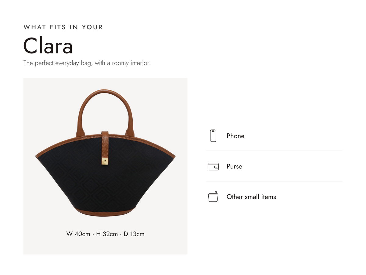 Lalage Beaumont Clara bag in black and tan logo jacquard print, what fits and measurements