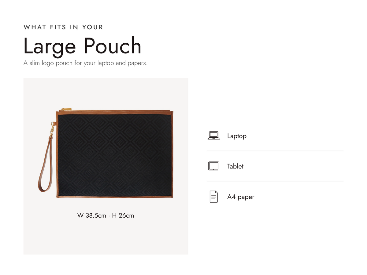 Lalage Beaumont Large Pouch in black and tan logo jacquard print, what fits and measurements