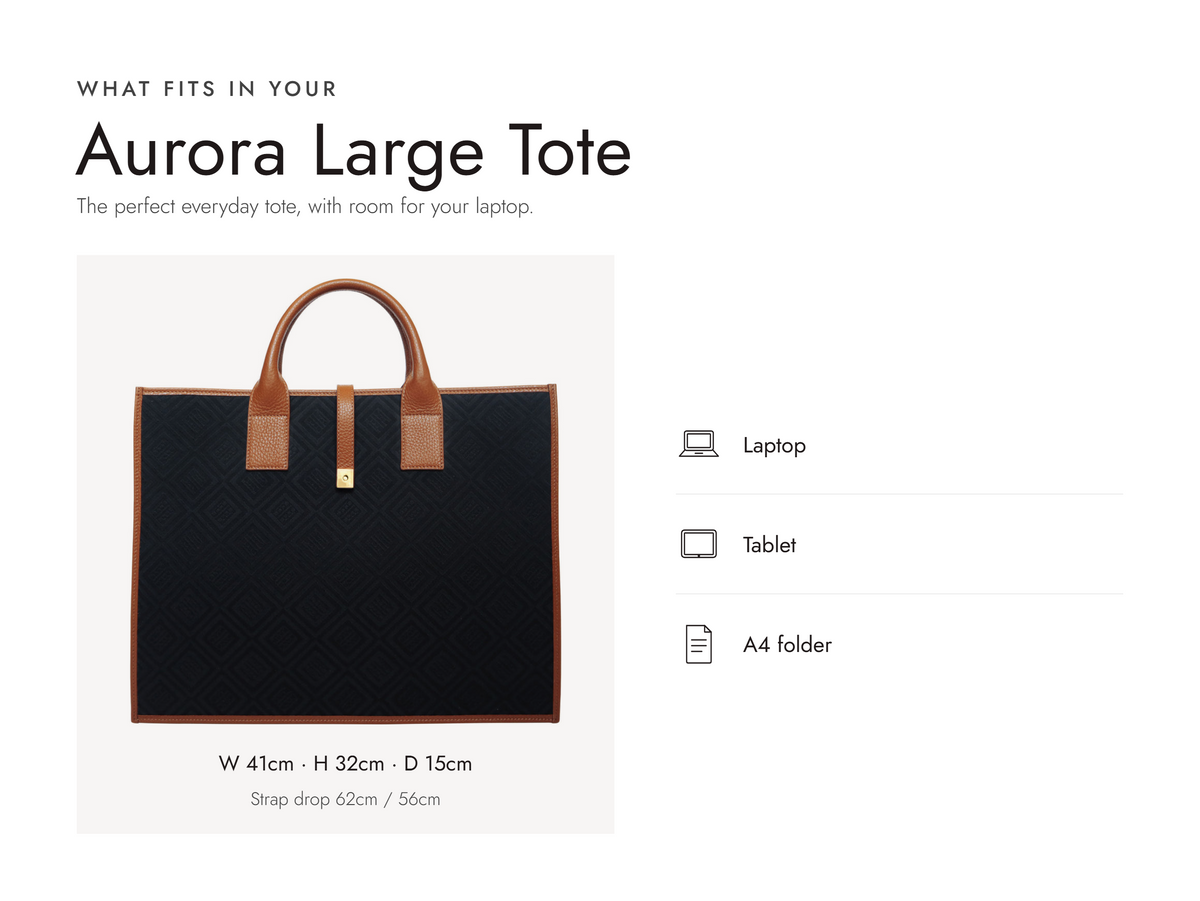 Lalage Beaumont Aurora Large tote bag in black and tan logo jacquard print, what fits and measurements