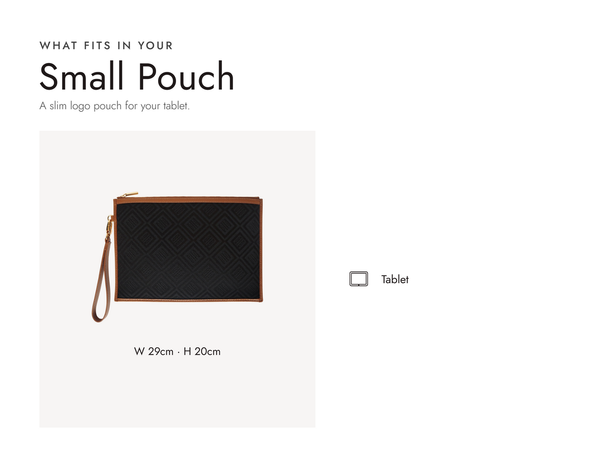 Lalage Beaumont Small Pouch in black and tan logo jacquard print, what fits and measurements