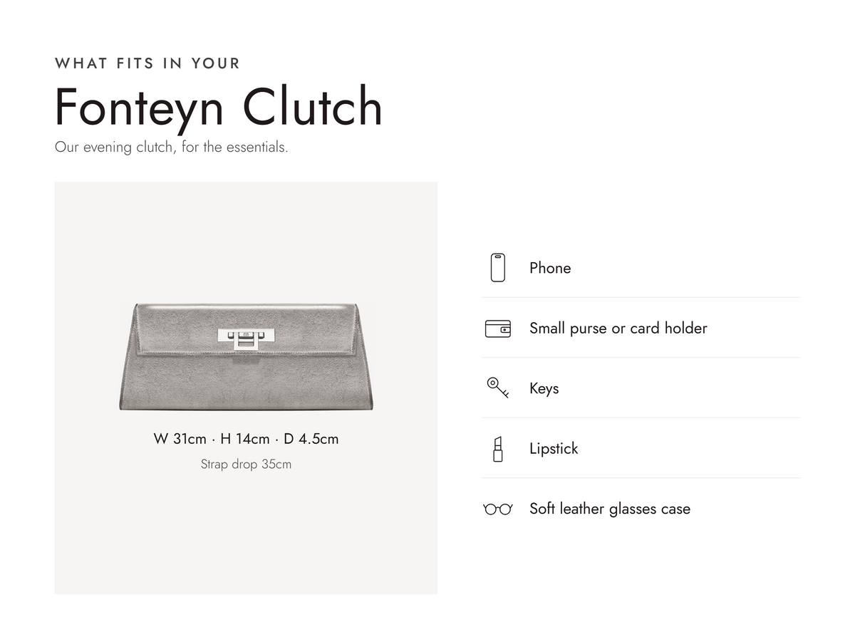 Lalage Beaumont Fonteyn Clutch handbag in silver sparkle leather, what fits and measurements