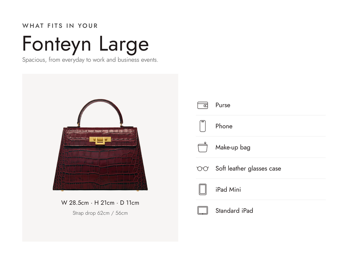 Lalage Beaumont Fonteyn Large handbag in wine croc print leather, what fits and measurements