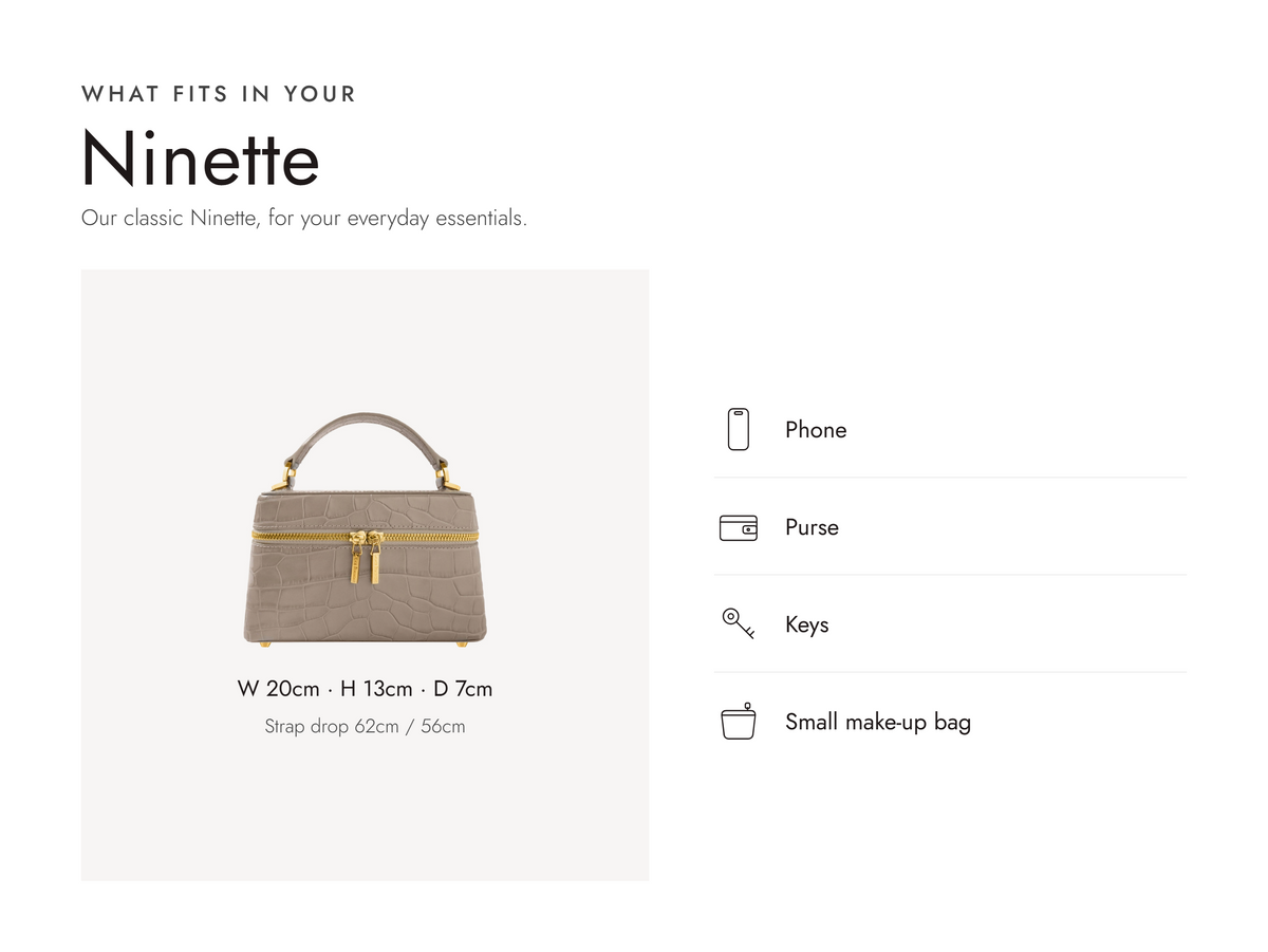 Lalage Beaumont Ninette handbag in stone croc print leather, what fits and measurements