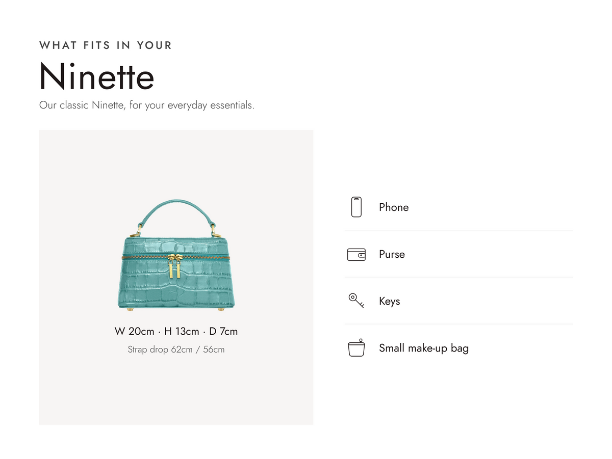 Lalage Beaumont Ninette handbag in topaz croc print leather, what fits and measurements