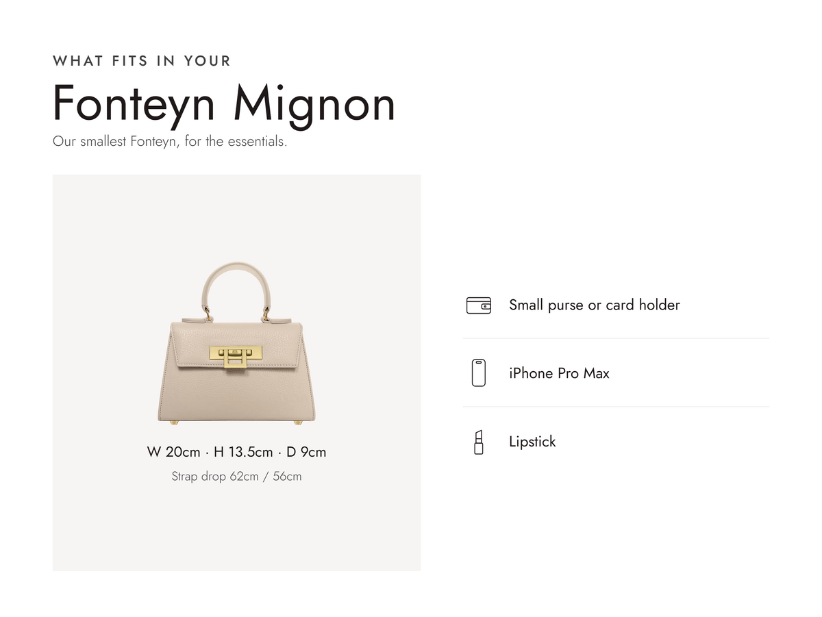 Lalage Beaumont Fonteyn Mignon handbag in beige grained leather, what fits and measurements