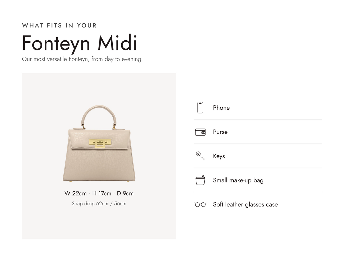 Lalage Beaumont Fonteyn Midi handbag in beige grained leather, what fits and measurements