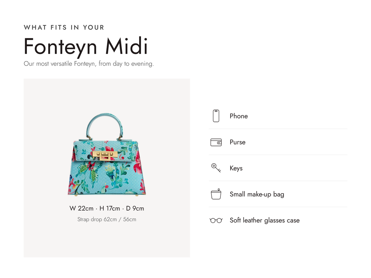 Lalage Beaumont Fonteyn Midi handbag in turquoise cloisonné print snakeskin, what fits and measurements