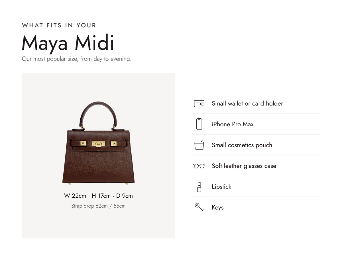 Lalage Beaumont Maya Midi handbag in chocolate grained leather, what fits and measurements