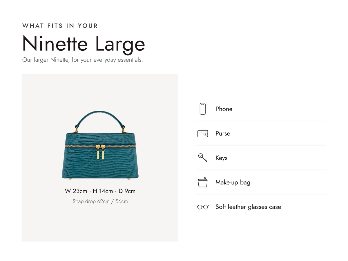 Lalage Beaumont Ninette Large handbag in teal lizard print leather, what fits and measurements