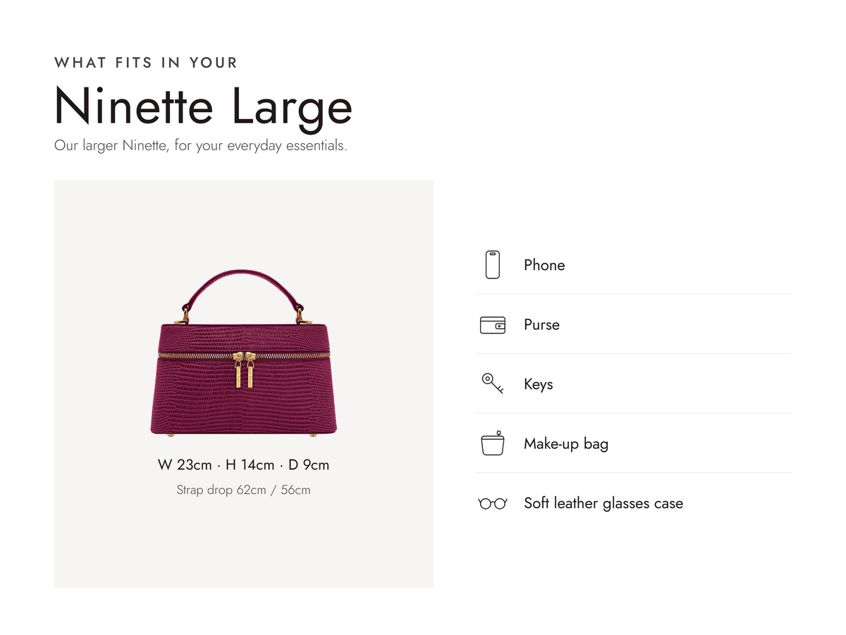 Lalage Beaumont Ninette Large handbag in magenta lizard print leather, what fits and measurements