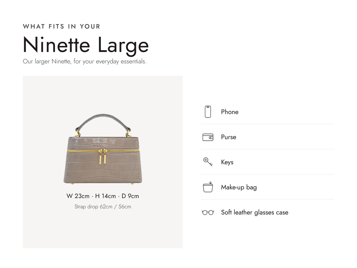 Lalage Beaumont Ninette Large handbag in stone croc print leather, what fits and measurements
