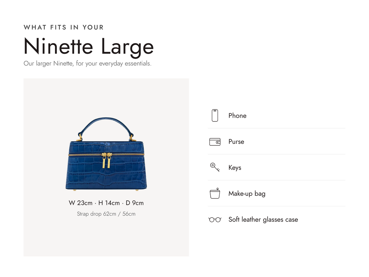 Lalage Beaumont Ninette Large handbag in cobalt croc print leather, what fits and measurements
