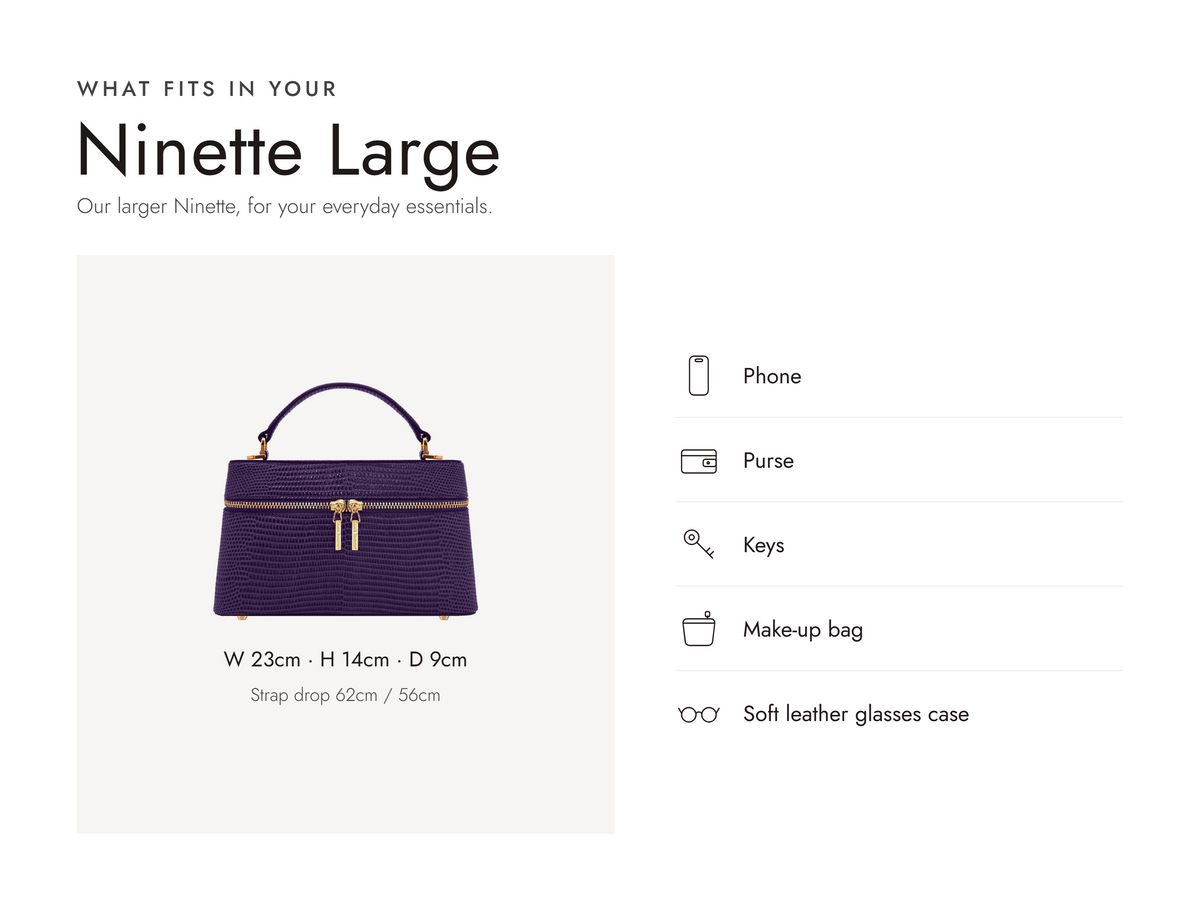 Lalage Beaumont Ninette Large handbag in purple lizard print leather, what fits and measurements
