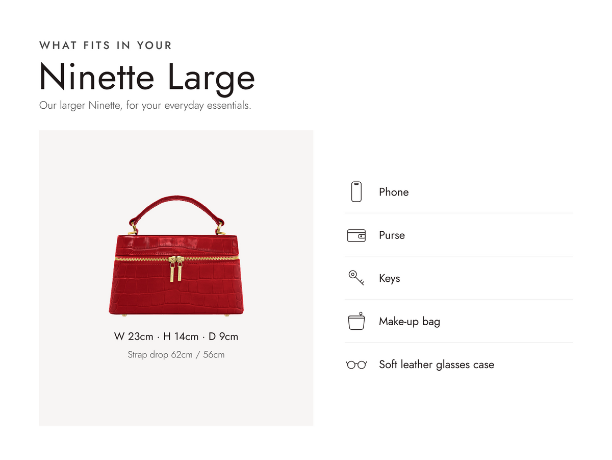 Lalage Beaumont Ninette Large handbag in red croc print leather, what fits and measurements
