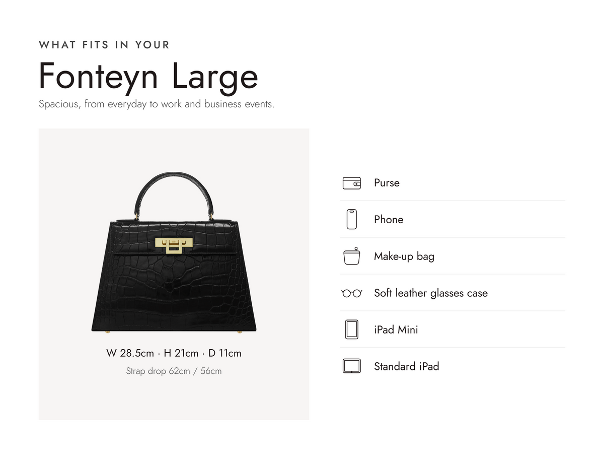Lalage Beaumont Fonteyn Large handbag in black croc print leather, what fits and measurements