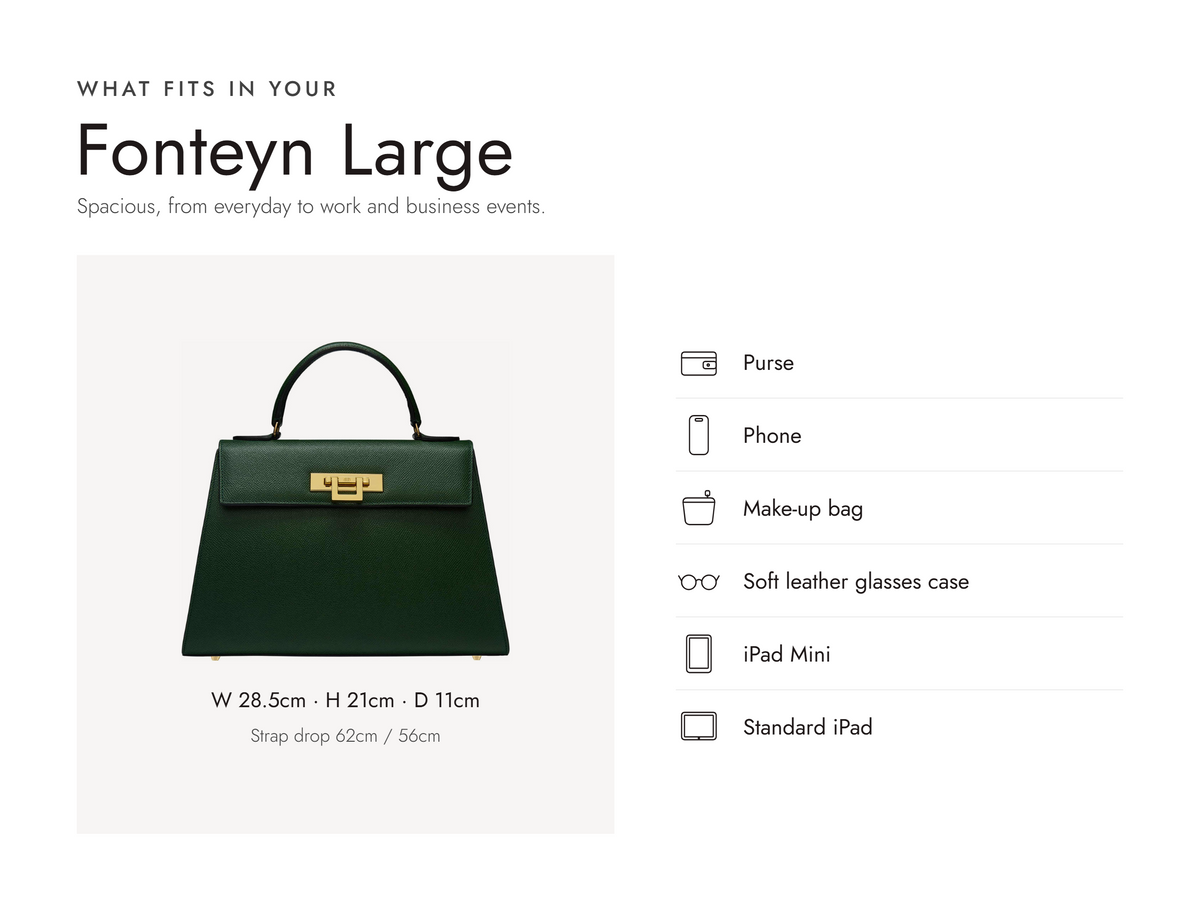Lalage Beaumont Fonteyn Large handbag in dark green pebble print leather, what fits and measurements