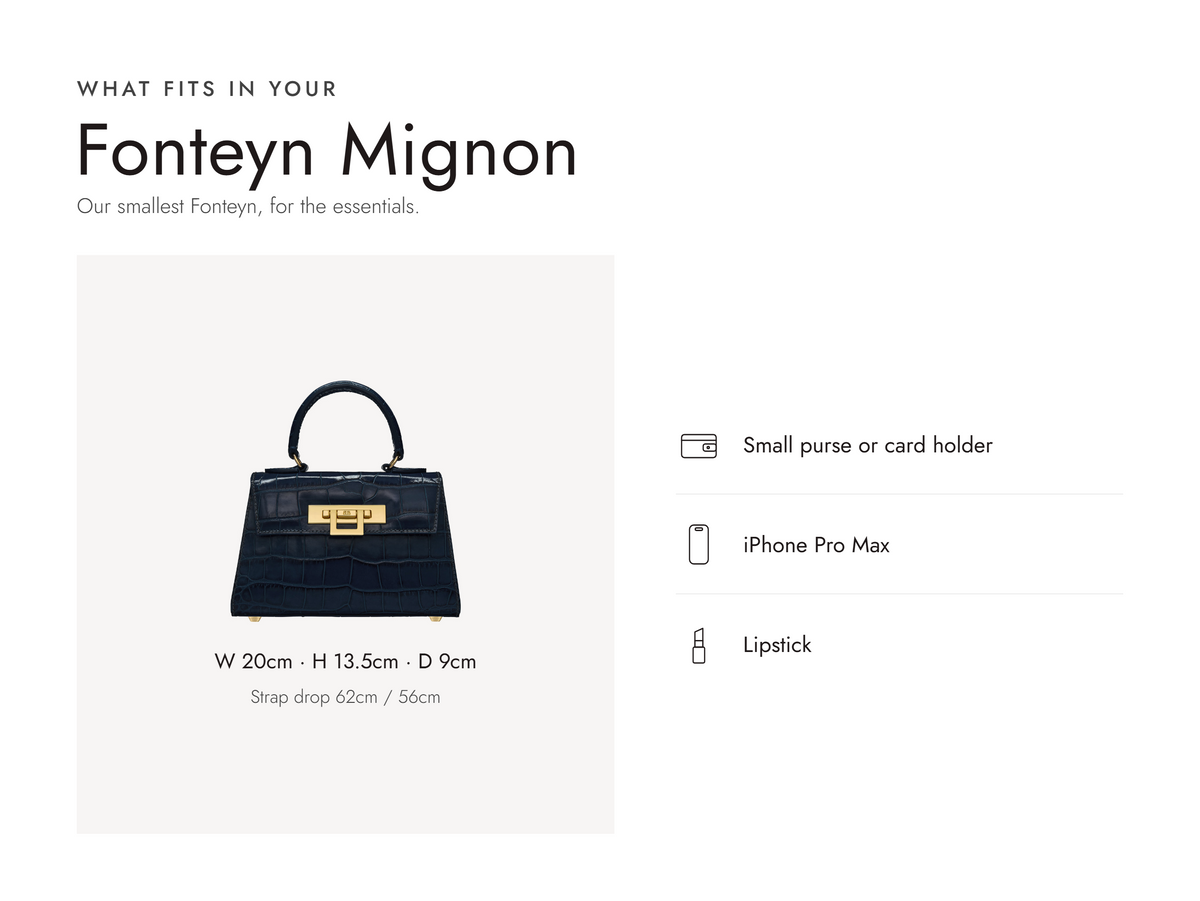 Lalage Beaumont Fonteyn Mignon handbag in navy croc print leather, what fits and measurements