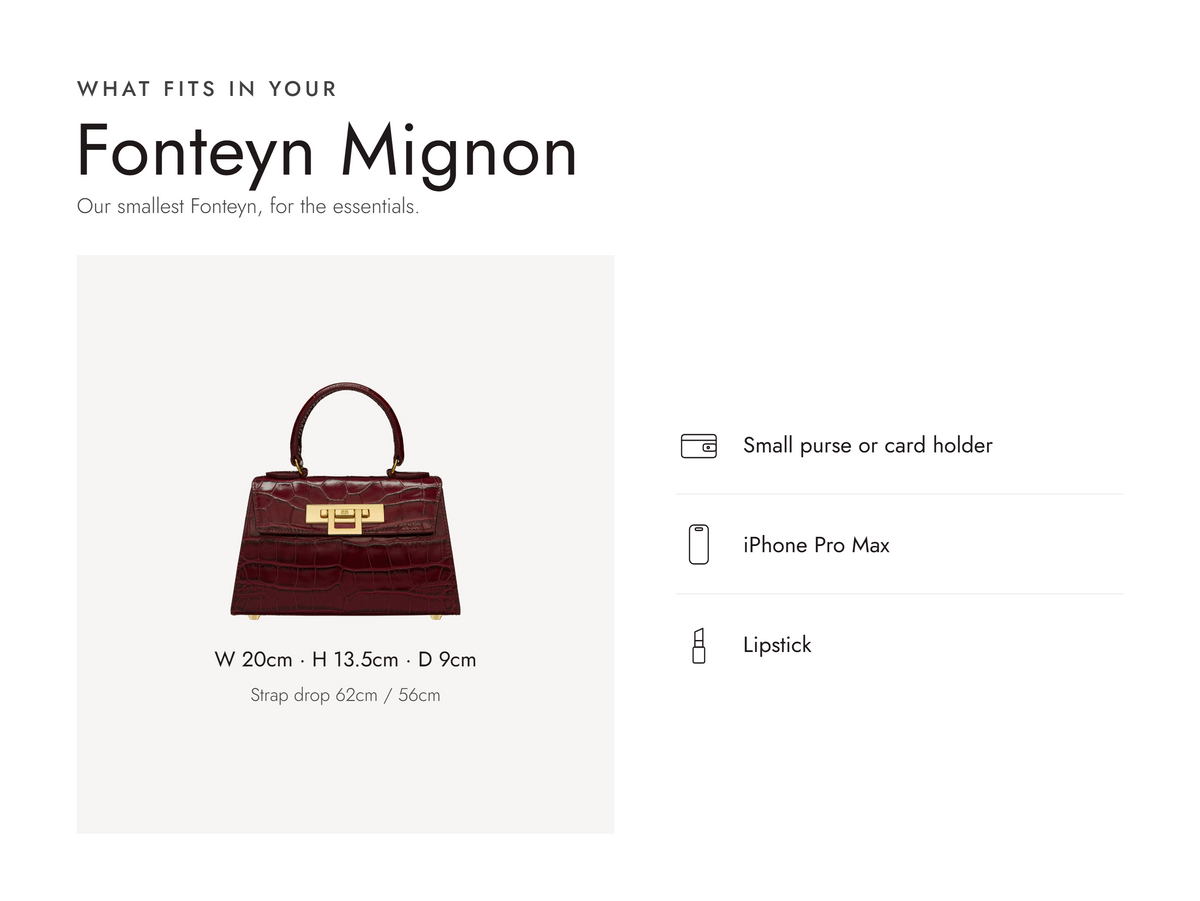 Lalage Beaumont Fonteyn Mignon handbag in wine croc print leather, what fits and measurements