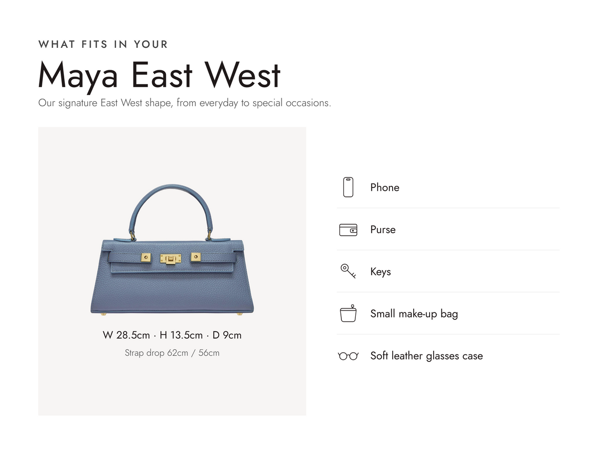 Lalage Beaumont Maya East West handbag in bluebell grained leather, what fits and measurements