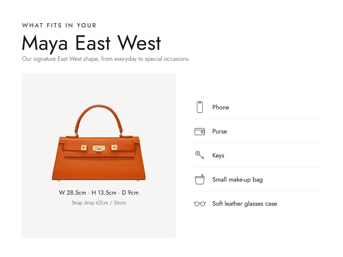 Lalage Beaumont Maya East West handbag in orange grained leather, what fits and measurements