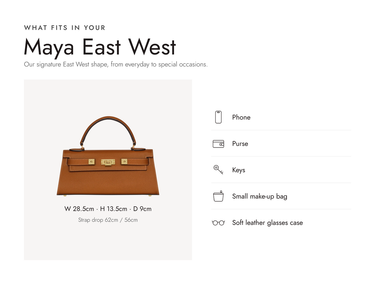 Lalage Beaumont Maya East West handbag in tan pebble print leather, what fits and measurements