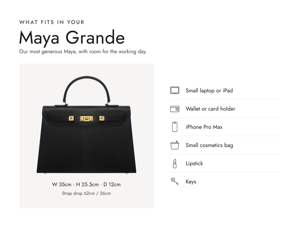 Lalage Beaumont Maya Grande handbag in black and gold pebble print leather, what fits and measurements