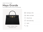 Lalage Beaumont Maya Grande handbag in black and gold pebble print leather, what fits and measurements