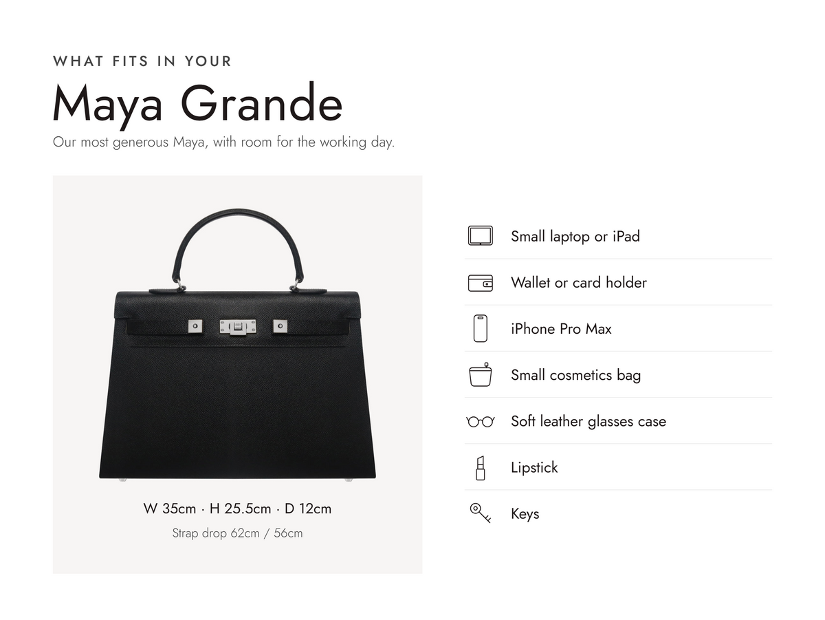 Lalage Beaumont Maya Grande handbag in black and silver pebble print leather, what fits and measurements