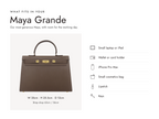 Lalage Beaumont Maya Grande handbag in taupe pebble print leather, what fits and measurements