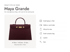 Lalage Beaumont Maya Grande handbag in wine pebble print leather, what fits and measurements