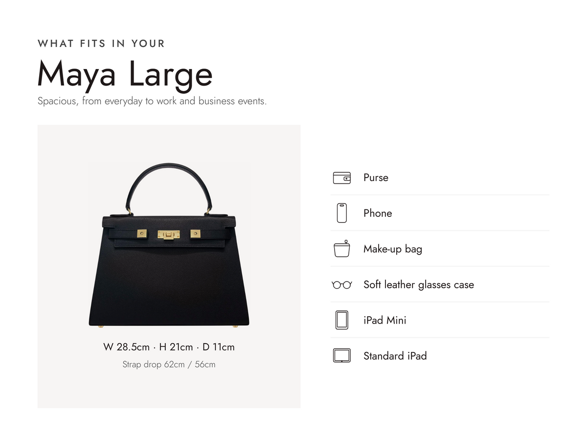 Lalage Beaumont Maya Large handbag in black and gold pebble print leather, what fits and measurements